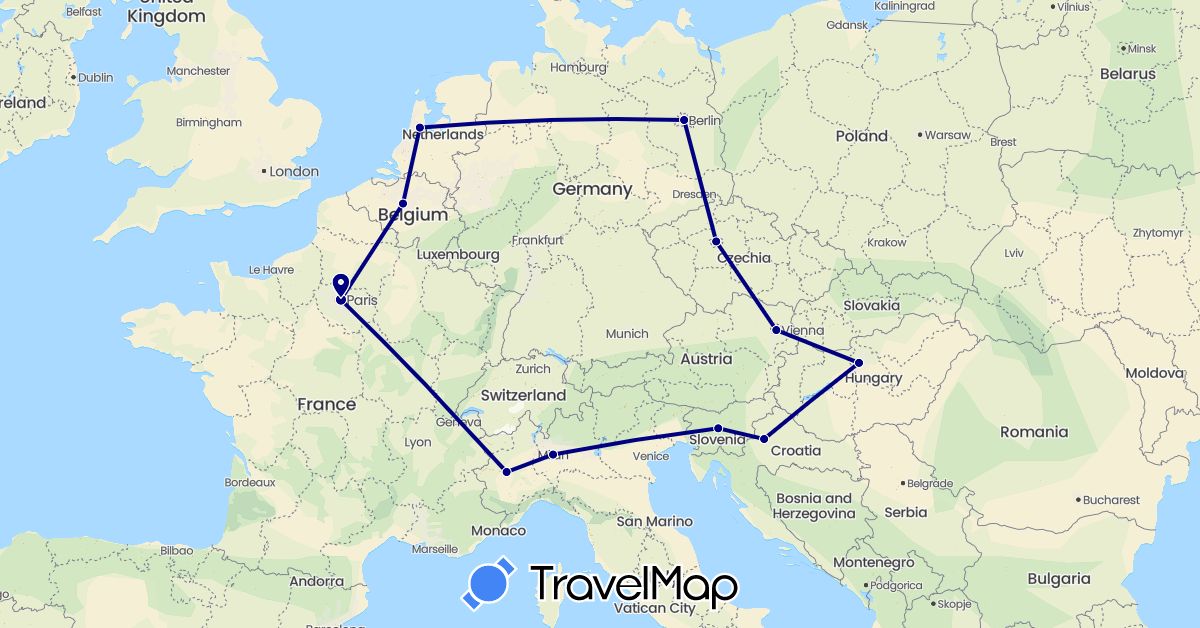 TravelMap itinerary: driving in Austria, Belgium, Czech Republic, Germany, France, Croatia, Hungary, Italy, Netherlands, Slovenia (Europe)